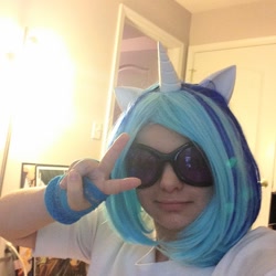 Size: 960x960 | Tagged: safe, derpibooru import, dj pon-3, vinyl scratch, human, clothes, cosplay, costume, irl, irl human, peace sign, photo