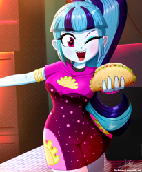 Size: 1784x2163 | Tagged: safe, artist:the-butch-x, derpibooru import, sonata dusk, equestria girls, clothes, digital art, female, food, looking at you, one eye closed, open mouth, open smile, redraw, sharp teeth, smiling, smiling at you, solo, taco, taco dress, teeth, wink, winking at you