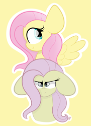 Size: 956x1323 | Tagged: safe, artist:sugarcloud12, derpibooru import, fluttershy, pegasus, pony, discorded, duality, ears, floppy ears, outline, simple background, white outline, yellow background