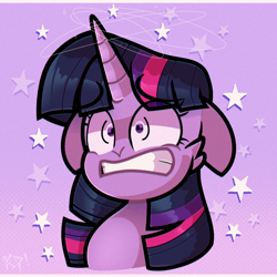 Size: 1400x1400 | Tagged: safe, artist:kimmypalazzo, derpibooru import, twilight sparkle, pony, bust, confused, dizzy, ears, female, floppy ears, gritted teeth, mare, portrait, shrunken pupils, solo, stars