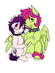 Size: 3000x4000 | Tagged: safe, artist:toanderic, derpibooru exclusive, derpibooru import, oc, oc only, oc:frame gravity, oc:the doll, original species, pegasus, pony, 2022 community collab, collar, derpibooru community collaboration, freckles, grin, high res, hoof hold, hug, hugging a pony, looking at you, pegasus oc, plush pony, plushie, simple background, sitting, smiling, stitches, teeth, transparent background, winghug, wings