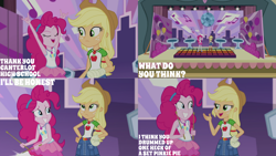 Size: 1280x720 | Tagged: safe, derpibooru import, edit, edited screencap, editor:quoterific, screencap, applejack, pinkie pie, better together, constructive criticism, constructive criticism: pinkie pie, equestria girls, applejack's hat, armpits, belt, boots, broken hand, clothes, cowboy boots, cowboy hat, cutie mark, cutie mark on clothes, denim skirt, devil horn (gesture), drumsticks, duo, duo female, eyes closed, female, geode of sugar bombs, geode of super strength, grin, hat, jewelry, magical geodes, necklace, open mouth, open smile, shoes, skirt, smiling, tanktop