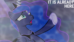 Size: 1280x720 | Tagged: safe, derpibooru import, edit, edited screencap, editor:quoterific, screencap, princess luna, alicorn, pony, do princesses dream of magic sheep, season 5, crown, female, jewelry, mare, night, open mouth, regalia, solo