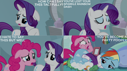 Size: 1280x720 | Tagged: safe, derpibooru import, edit, edited screencap, editor:quoterific, screencap, pinkie pie, rainbow dash, rarity, tank, earth pony, pegasus, pony, tortoise, unicorn, season 5, tanks for the memories, bed, blanket, ears, eyes closed, female, floppy ears, male, mare, open mouth, pillow, sad