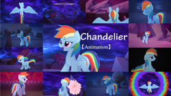 Size: 1280x721 | Tagged: safe, artist:thesamstudio, derpibooru import, editor:quoterific, rainbow dash, pegasus, pony, butt, chandelier, chandelier (song), eyes closed, female, flying, mare, nose in the air, open mouth, open smile, rainbow, rainbow trail, rainbutt dash, smiling, solo, spread wings, tree, wings