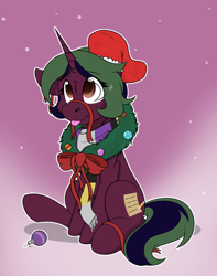 Size: 1744x2208 | Tagged: safe, artist:rokosmith26, derpibooru import, oc, oc only, oc:acti nerdington, pony, unicorn, bow, cheek fluff, christmas, christmas stocking, christmas wreath, clothes, commission, ears, female, floppy ears, gradient background, holiday, horn, looking up, mare, one ear down, raised hoof, raised leg, ribbon, scarf, simple background, sitting, smiling, solo, striped scarf, sweat, sweatdrop, tail, tongue, tongue out, unicorn horn, unicorn oc, wreath, ych result