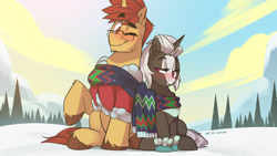 Size: 1920x1080 | Tagged: safe, artist:light262, derpibooru import, oc, oc:s.leech, unicorn, blushing, christmas, clothes, commission, couple, gackground, hair, hearth's warming eve, holiday, hooves, horn, scarf, sky, snow, your character here