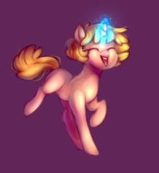 Size: 1248x1352 | Tagged: safe, artist:aylufujo, derpibooru import, oc, oc only, pony, unicorn, eyes closed, glowing, glowing horn, horn, purple background, simple background, smiling, solo, unicorn oc