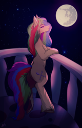 Size: 918x1432 | Tagged: safe, artist:mirtalimeburst, derpibooru import, oc, oc only, earth pony, pony, earth pony oc, full moon, mare in the moon, moon, multicolored hair, night, rainbow hair, solo, stars