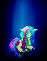 Size: 1146x1500 | Tagged: safe, artist:mirtalimeburst, derpibooru import, oc, oc only, earth pony, pony, crying, earth pony oc, lying down, multicolored hair, prone, rainbow hair, sad, solo