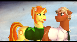 Size: 4092x2245 | Tagged: safe, artist:royvdhel-art, derpibooru import, oc, oc only, oc:copper coin, oc:sunny day, earth pony, pony, unicorn, :p, clothes, earth pony oc, horn, necktie, tongue, tongue out, unicorn oc