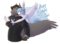 Size: 3889x2841 | Tagged: safe, artist:royvdhel-art, derpibooru import, oc, anthro, pegasus, clothes, duo, happy birthday, high res, hug, hug from behind, pegasus oc, smiling, talking, wings