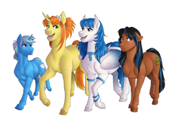 Size: 4092x2893 | Tagged: safe, artist:royvdhel-art, derpibooru import, oc, oc only, oc:azurite, oc:miley hooves, oc:sunny day, earth pony, pegasus, pony, unicorn, earth pony oc, horn, pegasus oc, raised hoof, raised leg, simple background, unicorn oc, white background