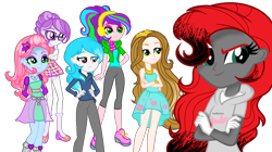 Size: 1404x788 | Tagged: safe, artist:gihhbloonde, derpibooru import, oc, equestria girls, base used, clothes, eyelashes, female, gloves, group, hand on hip, high heels, pants, shoes, simple background, skirt, smiling, smirk, transparent background