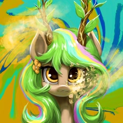 Size: 1280x1280 | Tagged: safe, artist:tinybenz, derpibooru import, oc, oc only, pony, :3, abstract background, bust, cracks, eyelashes, flower, flower in hair, golden eyes, horns, looking at you, multicolored mane, oc name needed, portrait, solo, unknown species, yellow coat
