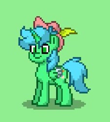 Size: 251x278 | Tagged: safe, derpibooru import, oc, oc only, alicorn, pony, alicorn oc, blue mane, blue tail, folded wings, full body, green background, green eyes, hat, horn, pony town, shadow, simple background, smiling, solo, standing, tail, wings