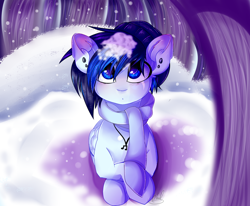 Size: 1024x843 | Tagged: safe, artist:yourboicloudx, derpibooru import, oc, oc only, oc:cloudy storm, pegasus, pony, clothes, ear piercing, earring, female, hat, jewelry, lying down, necklace, pegasus oc, piercing, prone, scarf, snow, solo