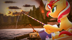 Size: 3840x2160 | Tagged: safe, artist:nebby14, derpibooru import, sunset shimmer, pony, unicorn, 3d, 4k, boombox, female, fishing, fishing rod, forest, guitar, high res, mare, musical instrument, poster, solo, source filmmaker, sunset, tree