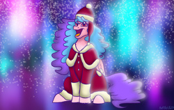 Size: 3613x2289 | Tagged: safe, artist:bellbell123, derpibooru import, oc, oc only, oc:bella pinksavage, pegasus, pony, christmas, clothes, costume, female, high res, holiday, open mouth, pegasus oc, santa costume, singing, solo