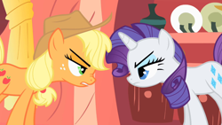 Size: 1920x1080 | Tagged: safe, derpibooru import, screencap, applejack, rarity, earth pony, pony, unicorn, look before you sleep, season 1, angry, cowboy hat, duo, female, fight, golden oaks library, hat, mare, nose wrinkle, stetson