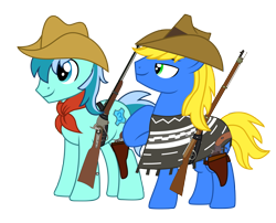 Size: 3591x2903 | Tagged: safe, artist:cosmas-the-explorer, artist:third uncle, derpibooru exclusive, derpibooru import, oc, oc only, oc:golden horizon, oc:third uncle, earth pony, pony, 2022 community collab, cowboy hat, derpibooru community collaboration, duo, gun, handgun, hat, high res, male, revolver, simple background, smiling, stallion, transparent background, weapon