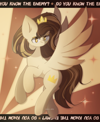 Size: 1800x2200 | Tagged: safe, artist:miryelis, derpibooru import, oc, oc only, oc:prince whateverer, pegasus, pony, crown, flying, jewelry, looking at you, poster, regalia, smiling, smiling at you, solo, song reference, text