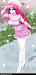 Size: 479x1000 | Tagged: safe, artist:clouddg, derpibooru import, pinkie pie, equestria girls, boots, breasts, clothes, female, hat, high heel boots, looking at you, open mouth, pinkie pies, shirt, shoes, skirt, smiling, smiling at you, snow, snowfall, socks, solo, stockings, striped sweater, sweater, thigh highs