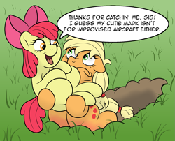 Size: 1823x1475 | Tagged: safe, artist:pony-thunder, derpibooru import, apple bloom, applejack, earth pony, pony, apple sisters, blank flank, catching, comic, dialogue, ears, female, filly, floppy ears, foal, grass, mare, open mouth, open smile, siblings, sisters, smiling, speech bubble