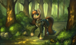 Size: 1600x960 | Tagged: safe, artist:asimos, derpibooru import, oc, oc only, earth pony, pony, clothes, commission, earth pony oc, female, forest, grass, green eyes, mare, raised hoof, raised leg, rock, scenery, solo, tree, walking