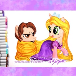 Size: 640x640 | Tagged: safe, artist:meiyu, artist:meiyuart, derpibooru import, pony, unicorn, better source needed, clothes, disney, dress, duo, female, flynn rider, frown, jewelry, male, mare, p, ponified, raised hoof, raised leg, rapunzel, smiling, stallion, tangled (disney), tiara, traditional art, wrapped up