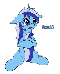 Size: 1912x2360 | Tagged: safe, artist:wapamario63, minuette, pony, unicorn, brushie brushie, cute, dawwww, dialogue, ears, female, flat colors, floppy ears, holding tail, mare, minubetes, open mouth, question, simple background, sitting, solo, transparent background
