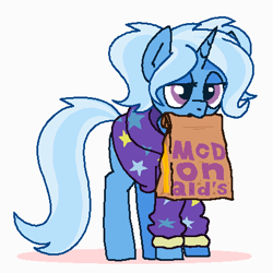 Size: 449x449 | Tagged: safe, artist:kleyime, derpibooru exclusive, derpibooru import, trixie, pony, unicorn, alternate hairstyle, babysitter trixie, bag, blue coat, blue mane, blue tail, clothes, female, food, hoodie, lidded eyes, looking forward, mare, mcdonald's, mouth hold, ms paint, pigtails, purple eyes, simple background, solo, standing, tired, two toned mane, two toned tail, white background