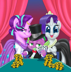 Size: 1280x1298 | Tagged: safe, artist:art-2u, rarity, spike, starlight glimmer, bowtie, cane, card, chips, clothes, curtains, dress, jewelry, poker, smuglight glimmer, spades, sparity, sparlight, spike gets all the mares, table, top hat