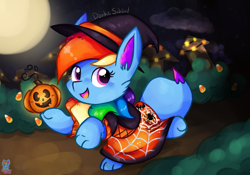 Size: 1217x850 | Tagged: safe, artist:rainbow eevee, oc, oc only, oc:rainbow eevee, pony, friendship is magic, 2021, blue body, blue fur, building, bush, candy, candy corn, clothes, cloud, costume, cute, digital art, digital painting, equine, eyelashes, fictional species, food, fur, hair, halloween, halloween costume, happy, hasbro, hat, headwear, holiday, house, jack-o-lantern, lights, looking up, mammal, medibang paint, moon, multicolored hair, my little pony, nintendo, path, pink eyes, pokémon, pokémon pony, pumpkin, rainbow hair, vegetables, witch hat
