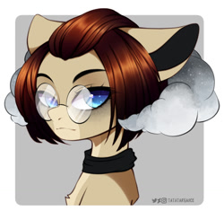 Size: 1500x1408 | Tagged: safe, artist:shavurrr, derpibooru import, oc, oc only, pony, abstract background, bangs, big ears, blue eyes, brown mane, bust, chest fluff, clothes, cloud, colored pupils, commission, ears, eyebrows, eyelashes, floppy ears, glasses, looking at you, oc name needed, out of frame, portrait, round glasses, shirt collar, signature, solo, two toned coat