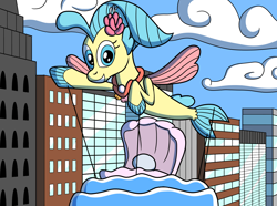 Size: 1280x953 | Tagged: safe, artist:sergeant16bit, derpibooru import, princess skystar, seapony (g4), my little pony: the movie, balloon, city, cityscape, clam, cloud, inanimate tf, parade balloon, parade float, pearl, string, transformation