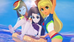 Size: 1280x720 | Tagged: safe, artist:legions20, derpibooru import, applejack, rainbow dash, rarity, equestria girls, 3d, beach, bikini, bocas top, clothes, feet, koikatsu, swimsuit, water