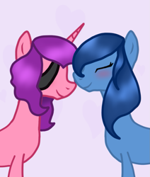 Size: 847x997 | Tagged: safe, artist:naturajellyfish, derpibooru import, oc, oc:eyepatch, oc:susy apple, oc:suzanne de los ponies applesauce, earth pony, pony, unicorn, blushing, female, heart, lesbian, oc x oc, shipping