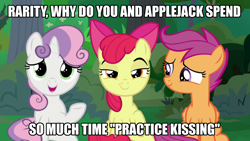 Size: 1920x1080 | Tagged: safe, derpibooru import, edit, edited screencap, screencap, apple bloom, scootaloo, sweetie belle, earth pony, pegasus, pony, unicorn, the big mac question, spoiler:s09, caption, cutie mark crusaders, female, filly, foal, image macro, implied lesbian, implied rarijack, implied shipping, text, trio, trio female