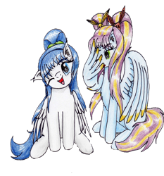 Size: 3000x3222 | Tagged: safe, artist:40kponyguy, derpibooru exclusive, derpibooru import, edit, editor:nc-tv, oc, oc only, oc:clarise, oc:skydrop, pegasus, pikachu, pony, 2022 community collab, background removed, cute, derpibooru community collaboration, ear fluff, ears, eevee, facewing, female, head tilt, high res, laughing, looking at you, mare, one eye closed, pigtails, pokémon, ponytail, simple background, sitting, traditional art, twintails