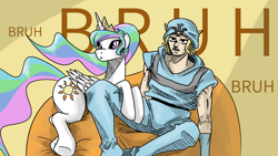 Size: 2560x1440 | Tagged: safe, artist:chopchopguy, derpibooru import, princess celestia, alicorn, human, pony, bruh, crossover, duo, human and pony, johnny joestar, jojo's bizarre adventure, steel ball run