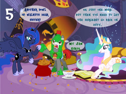 Size: 1280x960 | Tagged: safe, artist:bronybyexception, derpibooru import, princess celestia, princess luna, alicorn, earth pony, pony, abuse of power, advent calendar, book, bowl, christmas, dialogue, eating, female, fireplace, holiday, mare, nutcracker, palette swap, recolor, royal guard, royal sisters, sack, siblings, sisters, this will end in pain, walnut, wreath