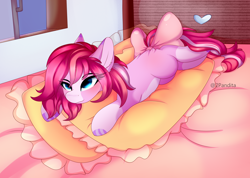 Size: 4850x3450 | Tagged: safe, artist:2pandita, derpibooru import, oc, oc only, earth pony, pony, bow, female, lying down, mare, pillow, prone, solo, tail, tail bow