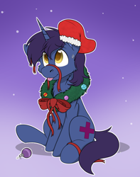 Size: 1744x2208 | Tagged: safe, artist:rokosmith26, derpibooru import, oc, oc only, pony, unicorn, bow, cheek fluff, chest fluff, christmas, christmas stocking, christmas wreath, commission, ears, floppy ears, gradient background, holiday, horn, looking up, male, one ear down, raised hoof, raised leg, ribbon, simple background, sitting, smiling, solo, stallion, sweat, sweatdrop, tail, tongue, tongue out, unicorn horn, unicorn oc, wreath, ych result