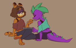 Size: 2898x1836 | Tagged: safe, artist:kittysonrice, derpibooru import, barb, spike, anthro, cat, digitigrade anthro, dragon, crack shipping, female, garfield, lesbian, rule 63, shipping