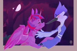 Size: 2160x1440 | Tagged: safe, artist:alicornairport, derpibooru import, twilight sparkle, twilight sparkle (alicorn), alicorn, crossover, crossover shipping, female, kissing, male, mordecai, mordetwi, regular show, shipping, straight