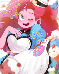 Size: 951x1181 | Tagged: safe, artist:ameame_trine, derpibooru import, pinkie pie, coinky-dink world, eqg summertime shorts, equestria girls, blushing, breasts, one eye closed, open mouth, open smile, pinkie pies, pixiv, server pinkie pie, smiling, solo, wink