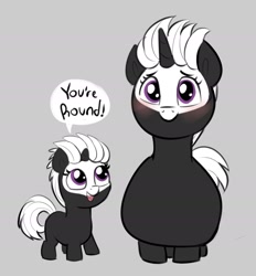 Size: 1803x1941 | Tagged: safe, artist:heretichesh, derpibooru import, oc, oc only, oc:s.leech, pony, unicorn, blushing, cute, duo, fat, female, filly, foal, gray background, looking at you, mare, ocbetes, self paradox, self ponidox, simple background, smiling, smiling at you