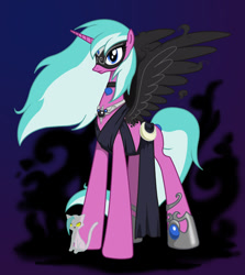 Size: 446x500 | Tagged: artist needed, safe, derpibooru import, oc, oc only, oc:nightmare jewel, alicorn, cat, pony, alicorn oc, clothes, female, gradient background, mare, old drawing, spread wings