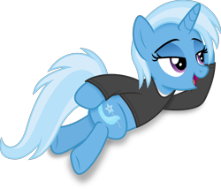 Size: 4266x3655 | Tagged: safe, artist:anime-equestria, derpibooru import, trixie, pony, unicorn, alternate hairstyle, clothes, draw me like one of your french girls, female, full body, happy, high res, horn, lidded eyes, lying down, mare, on side, open mouth, open smile, purple eyes, simple background, smiling, solo, tail, transparent background, two toned mane, two toned tail, vector